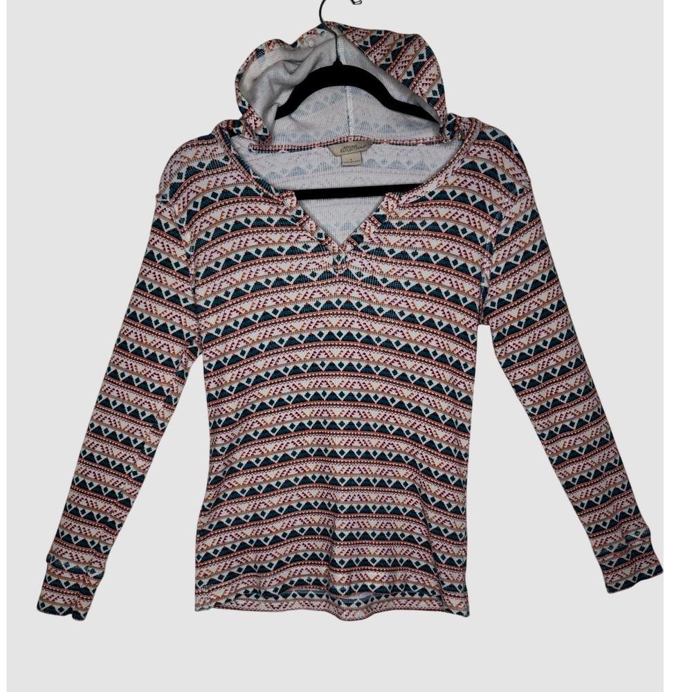 Natural Reflections Geometric Print‎ Hoodie Long Sleeve Thermal Top Waffle Large